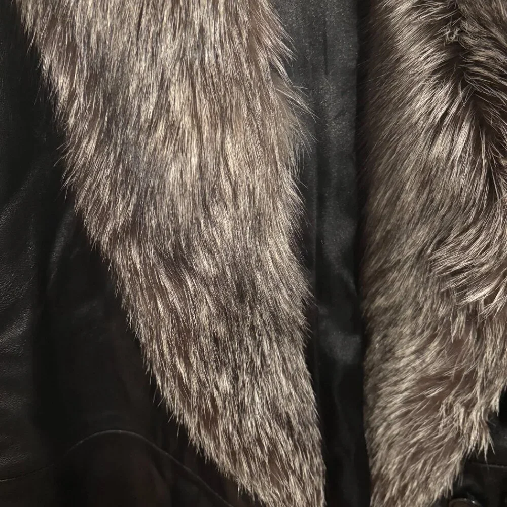 Vintage Marvin Richards Black Coat Fox Fur Collar Leather Jacket XL - Picture 3 of 6